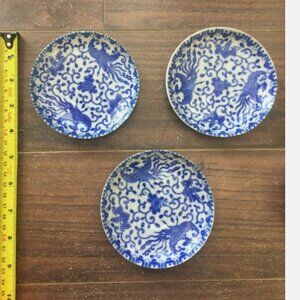 Vtg 3 Sets Porcelain Tea Cups Saucers Blue White Flying Phoenix Japan Made 1930s